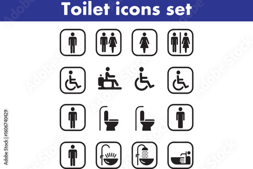 Toilet icons set, common male female restroom, handicap wheelchair access, sanitizer liquid soap, WC direction, baby changing table room, toilet signs, WC signs collection
