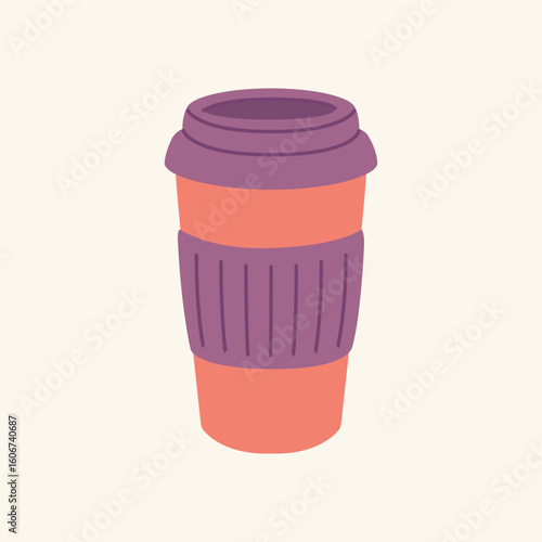 Thermos mug, reusable cup, cup for hot drinks. Travel camping equipment. Vector illustration in flat style