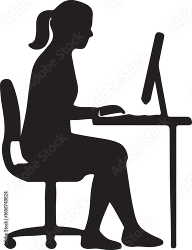Black vector silhouettes of people, including a woman with a laptop at a desk and a person with a dog, illustrate office work and leisure