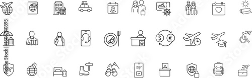 Travel and Tourism Stroke Icon Collection. Featuring Airplane, Booking, Hotel, Passport, Navigation, and Vacation Essentials. Editable Outline Icon Set.