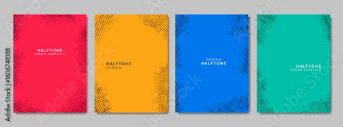 Vector illustration. Halftone dotted frame set. Design for poster, invitation, journal, flyer, coupon, book cover. Faded dots border on colored, vibrant background. Retro geometric banners collection