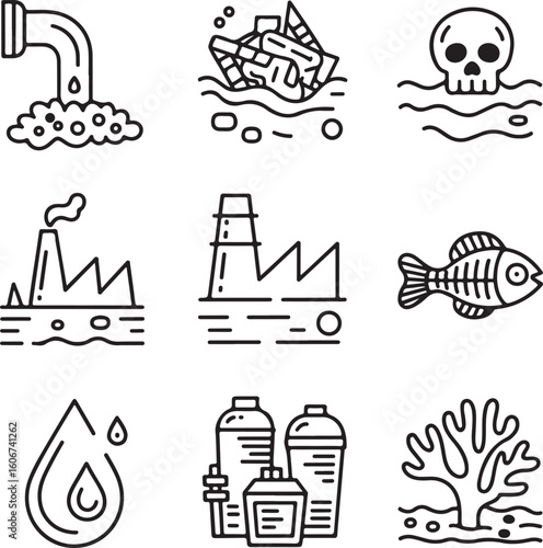 Polluted Waters and Environmental Danger Icons Trash, Sewage, Chemical Waste, and Dying Aquatic Life