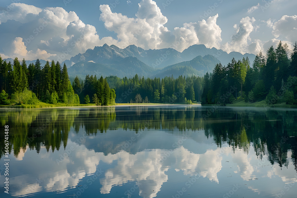 Fototapeta premium Calm rural lake with reflections of surrounding