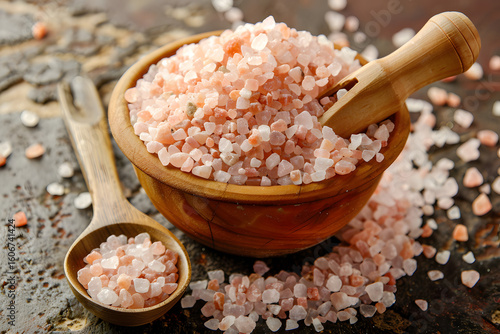 Bowl of pink himalayan salt with wooden scoop nat