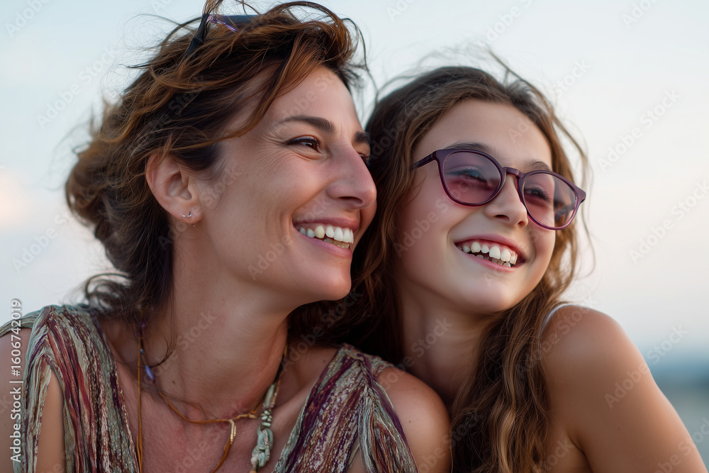 Fototapeta premium Close-up of a joyful mother and daughter smiling together outdoors, sharing a moment of happiness and connection