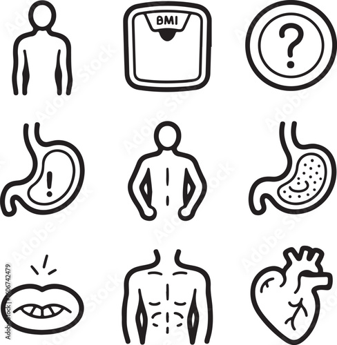 Malnutrition and Health Risk Icons Underweight Body, Appetite Loss, and Medical Symptoms in Doodle Style