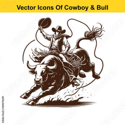 Bull Riding Rodeo Action – Western Cowboy on Bucking Bull
