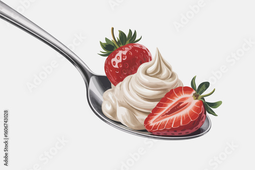 A spoonful of cream and fresh strawberries