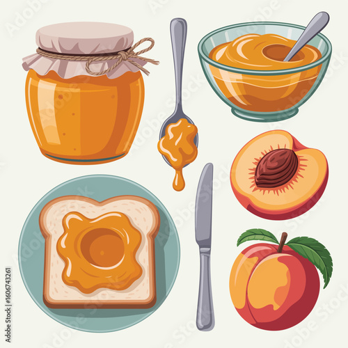 Delicious peach jam spread on toast with fresh peaches and spoonful