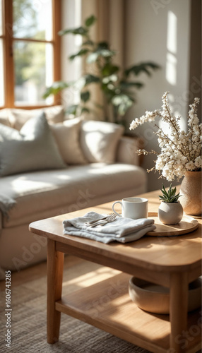 Wallpaper Mural Minimalist wooden table in cozy, sunlit living room with soft decor.
 Torontodigital.ca
