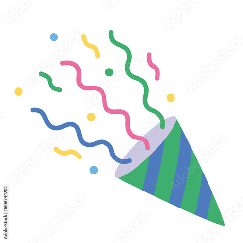 Colorful green and blue striped party popper with explosion streamers and confetti.  Fireworks shoot from cone. Trendy modern vector illustration isolated on white background, hand drawn, flat design