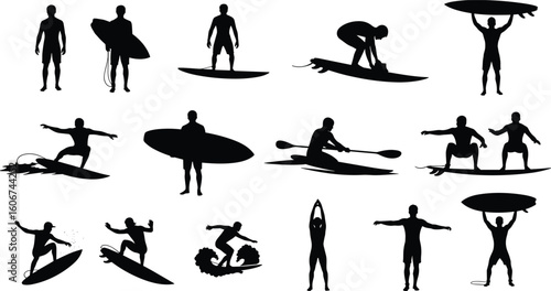 Surfer silhouettes, paddleboarding poses, surfing lifestyle, ocean sports action, water balance techniques, surfboard stance, beach activity illustration, vector artwork