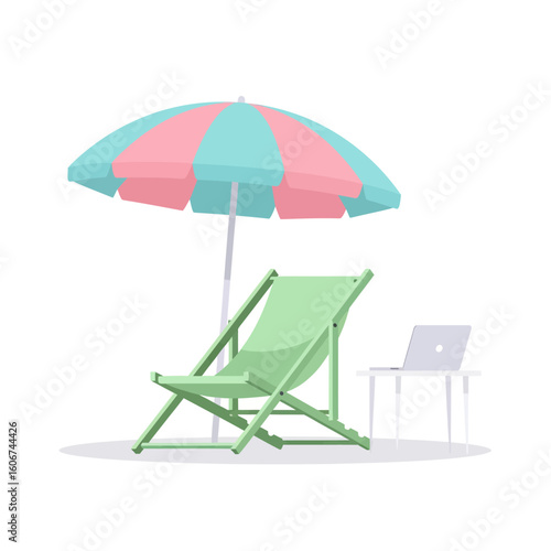 Illustration of a beach chair, umbrella, and laptop, suggesting relaxation and work.