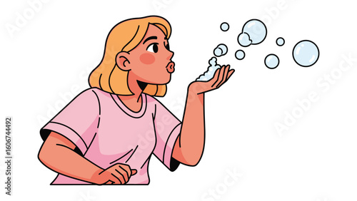 Illustration of a young woman blowing bubbles for creative marketing visuals