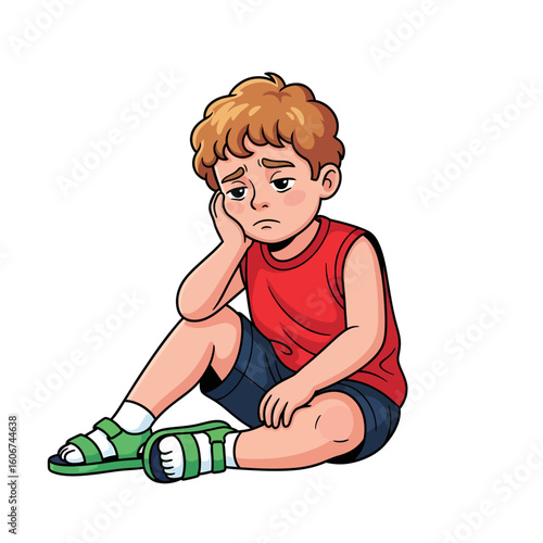 Sad young boy sits alone, hand on cheek, displaying dejection.