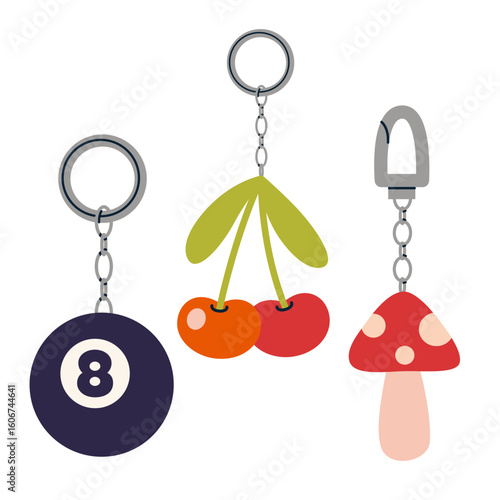Set of keychains with cherry, mushroom, and eight ball charms in playful style. Trendy modern vector illustration isolated on white background, hand drawn, flat design