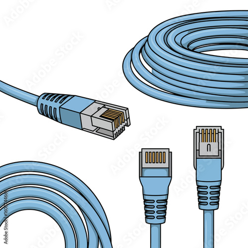Close up of blue ethernet network cables and connectors on white background