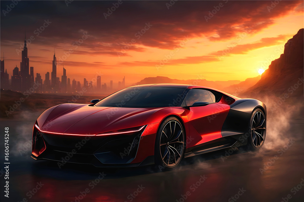 Naklejka premium Luxury Red Sports Car, Modern Supercar Design, Automotive transportation, High Speed Performance Vehicle