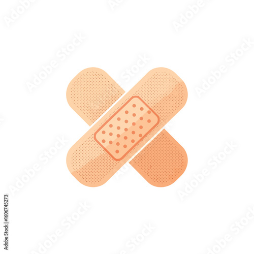 Two adhesive bandages crossed over each other, providing a visual representation of first aid and wound care.