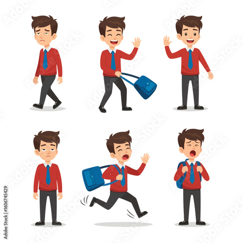 A cartoon boy in various emotional states and actions: walking sadly, waving, carrying a bag, looking dejected, running, and yawning with a backpack.