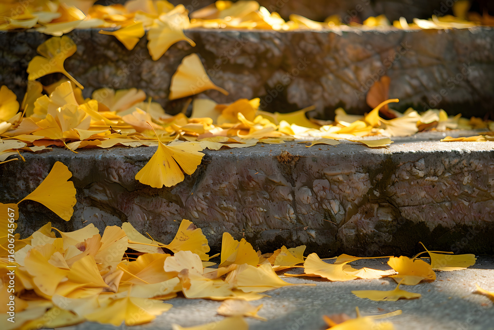 Obraz premium Fallen ginkgo leaves scattered across stone steps