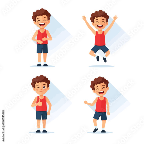 Happy boy displaying various joyful expressions and actions.