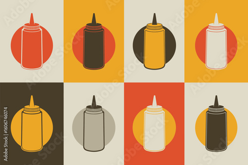 Collection of eight colorful cartoon squeeze bottles with sauces and condiments