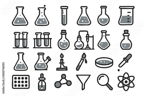 A comprehensive collection of minimalist black and white line icons depicting various essential laboratory and scientific equipment for research and education.