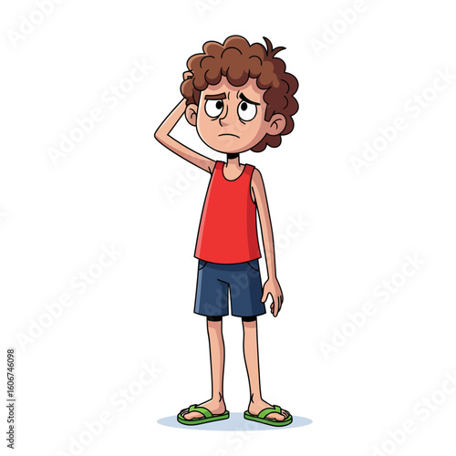 Confused Young Boy Scratching Head, Cartoon Illustration, Doubtful Expression.