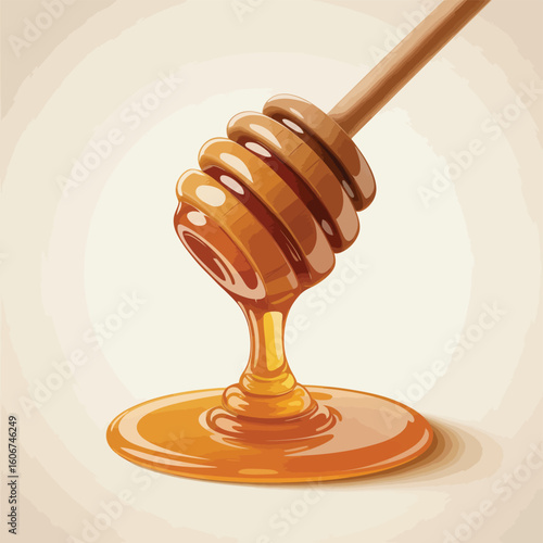 Golden honey dripping from a wooden dipper onto a light surface