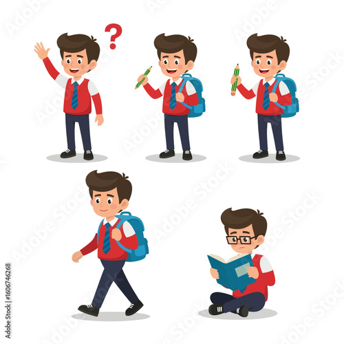 Cartoon student boy character set. A young schoolchild in uniform with a backpack, pencil, and book for education-related concepts.