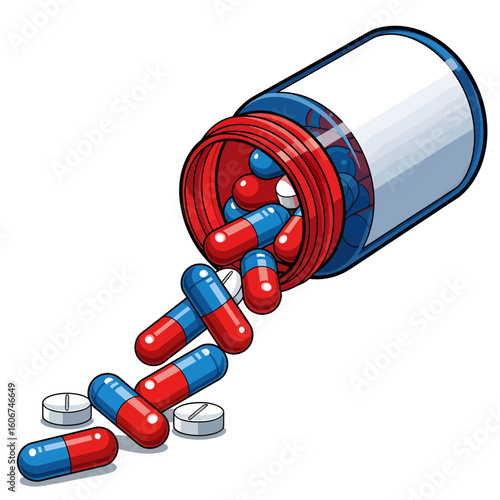 Assortment of pharmaceutical pills and capsules emerging from a prescription bottle, signifying health, recovery, and medical care solutions.