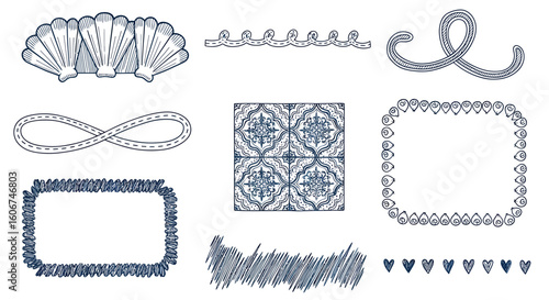 Collection of decorative elements in shades of blue and white, including shells, borders, and patterns.
