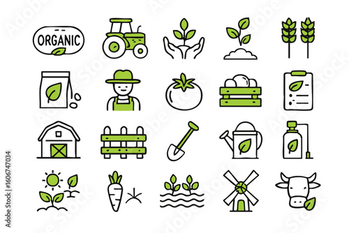 A collection of outline icons representing organic farming and sustainable agriculture practices, including crops, tools, and livestock, set against a clean white background, perfect for illustrating