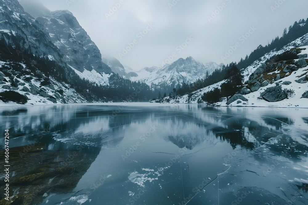 Fototapeta premium Frozen mountain lake surrounded by snowy peaks