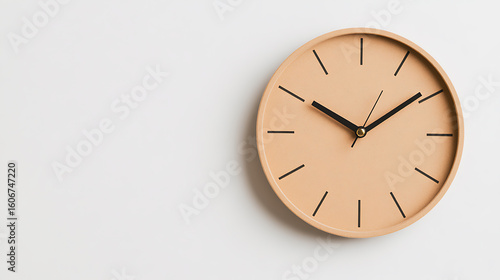 Wallpaper Mural Peach-colored round wall clock. Timepiece with black hands indicates the time on a white wall. Minimalist design in home setting. Torontodigital.ca