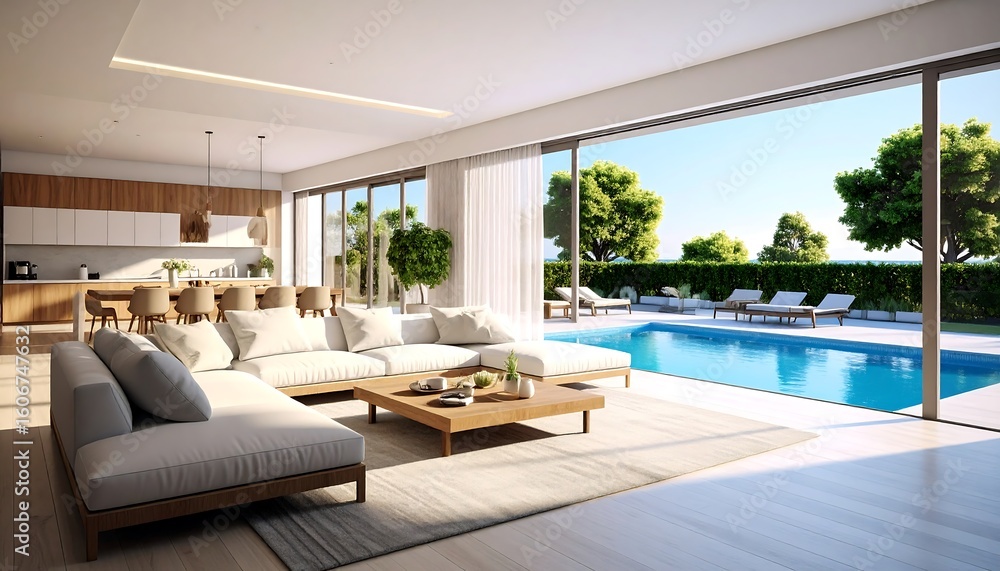 Fototapeta premium Modern open-plan living area with pool view (3)