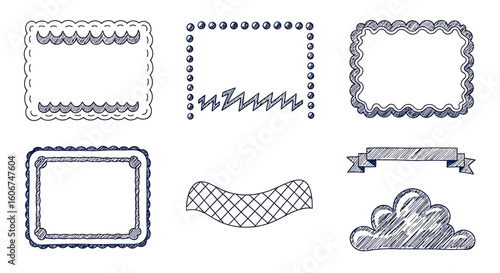 A set of six hand-drawn style decorative frames and elements, including scalloped borders, dotted rectangles, a banner, and a cloud shape.