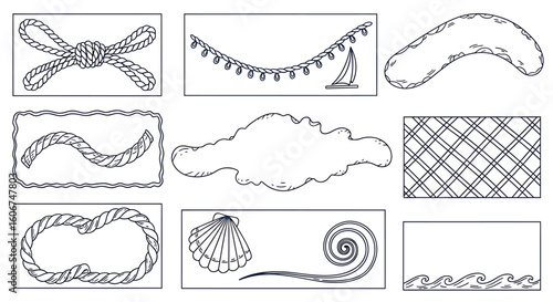 Collection of nine nautical-themed graphic elements: rope knot, garland, boomerang, rope frame, cloud, plaid, rope frame, seashell, spiral, and waves.