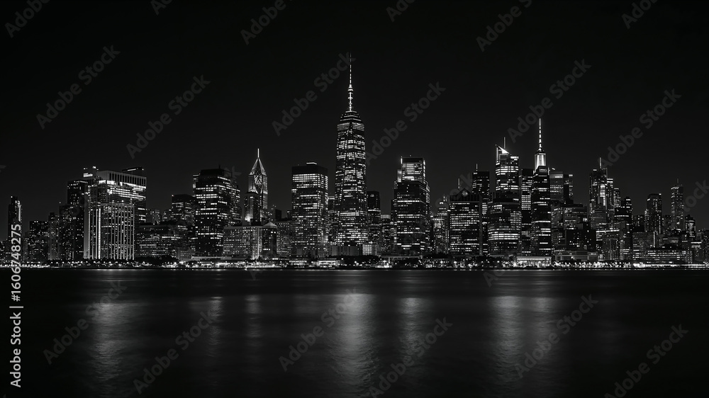 Fototapeta premium Black and white cityscape reflecting on water at night