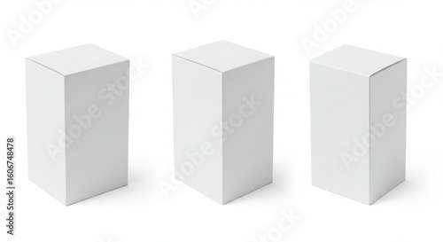 Three tall white cardboard boxes isolated on white background