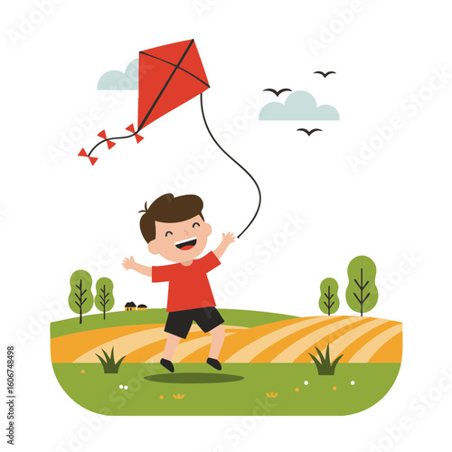 Happy boy launching kite in countryside with trees