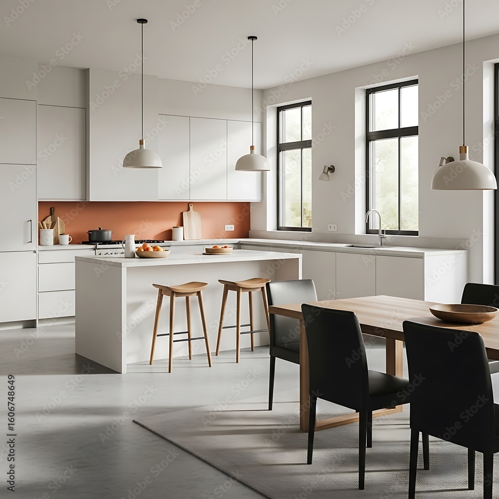 Fototapeta premium A modern kitchen design featuring a light color palette.