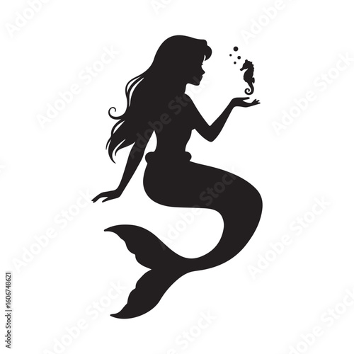 Silhouette of a beautiful mermaid holding a seahorse with bubbles.