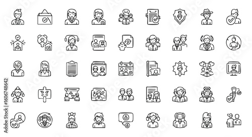 A collection of diverse outline icons representing people, business, technology, and social interactions, perfect for web design and applications.