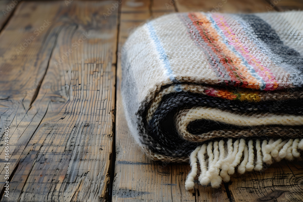 Fototapeta premium Handwoven wool blanket folded neatly on wooden
