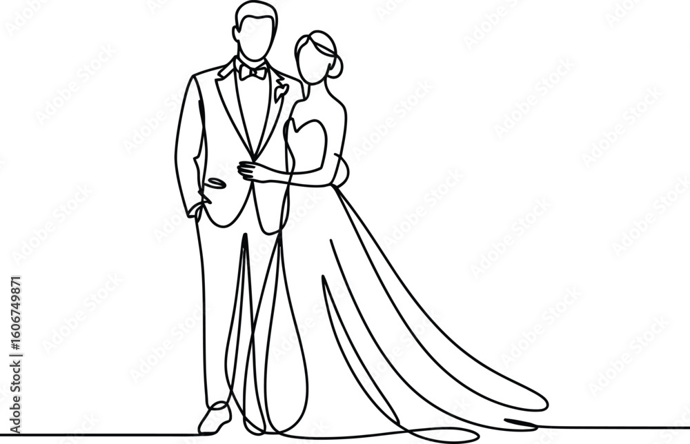 Fototapeta premium Elegant wedding couple embracing in continuous line art style