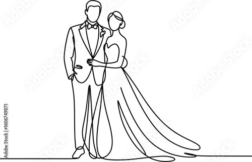 Elegant wedding couple embracing in continuous line art style