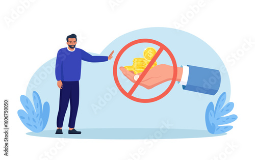 Stop corruption. Businessman does not accept money. Male character giving bribe with cash dollars. Struggle against fraud, illegal payment