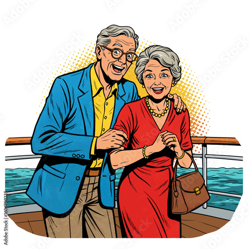 Elderly couple smiling together on cruise ship deck with ocean view  
